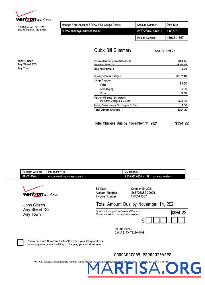 Blank USA Verizon invoice template
